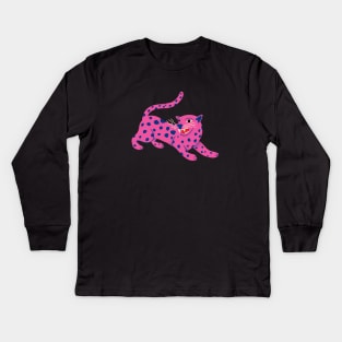 Cute pink cheetah cat illustration Kids Long Sleeve T-Shirt